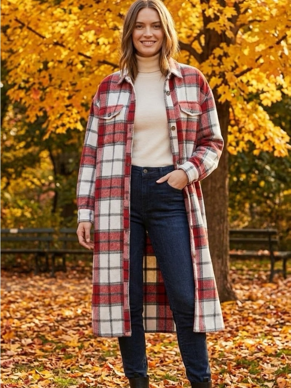 Hesed Plaid Long Flannel Duster Shaket Boho Button Front